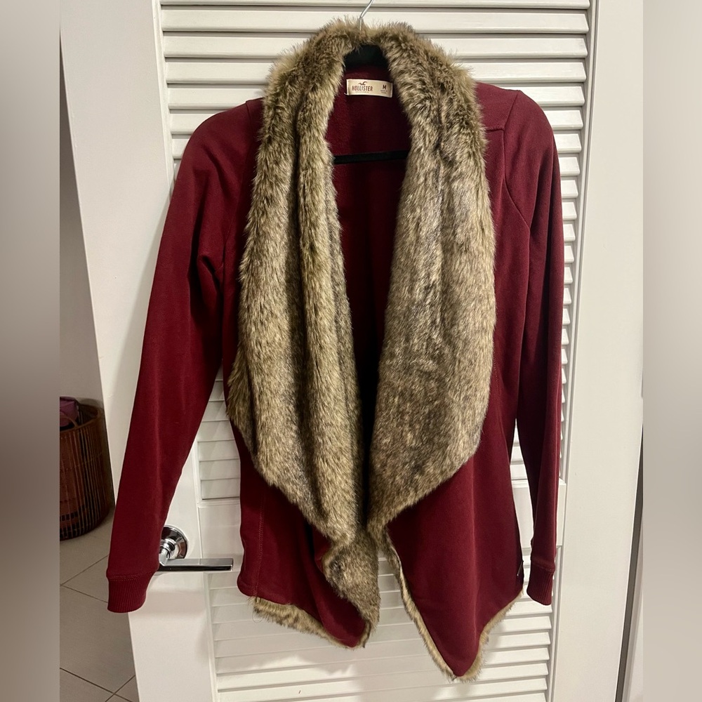 Hollister Maroon Cardigan with Faux Fur Trim